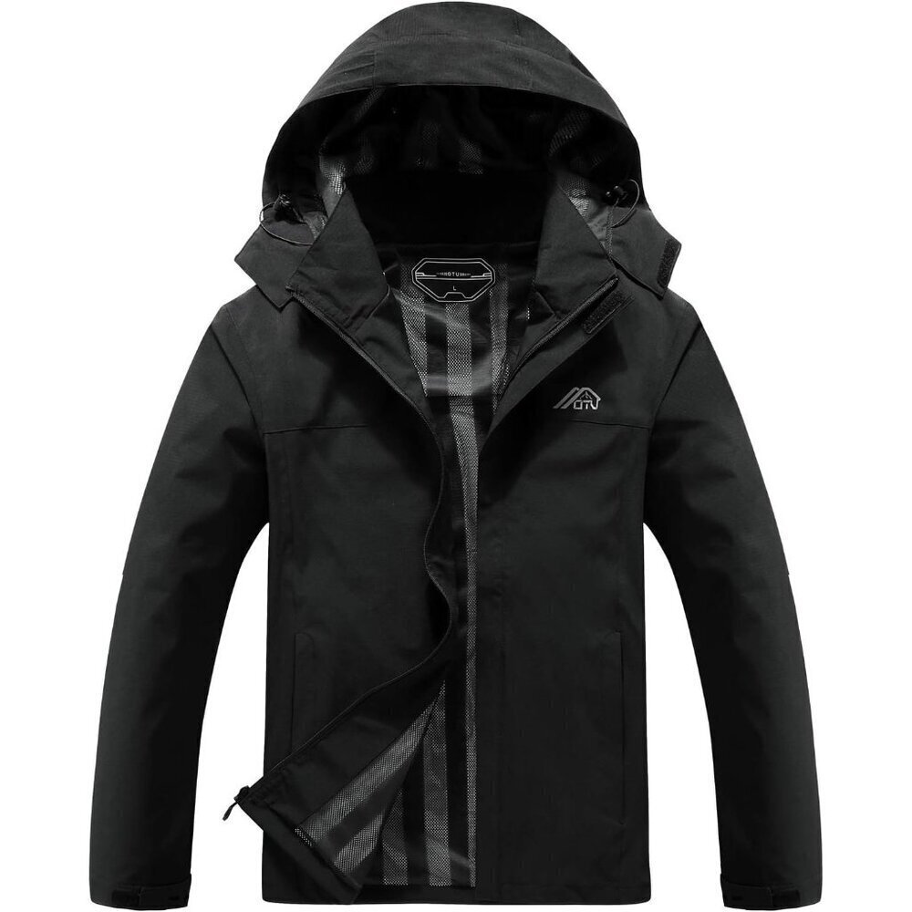 🆕Mens Black Lightweight Waterproof Hooded Rain Jacket Outdoor Hiking Shell